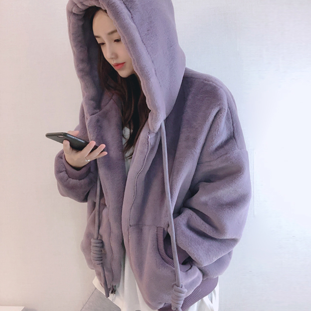 루즈핏 밍크 퍼 자켓 후드 집업 점퍼 ( 퍼플 블랙 아이보리 옐로우) : 만자린다