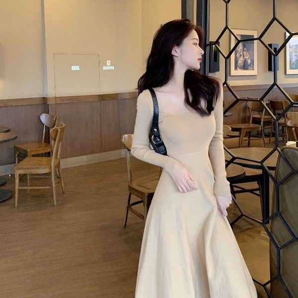 청순 스퀘어 넥 허리 슬림 A라인 여신 단아 하객룩 롱 원피스 : 히엘룩