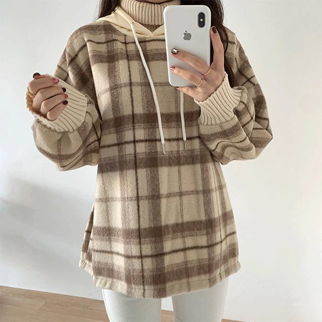 빌리지 터틀넥 목폴라+박시핏 기모 체크 후드 티셔츠 맨투맨 코디세트 (gray, beige, 오버핏, 루즈핏) : 위키드클로젯