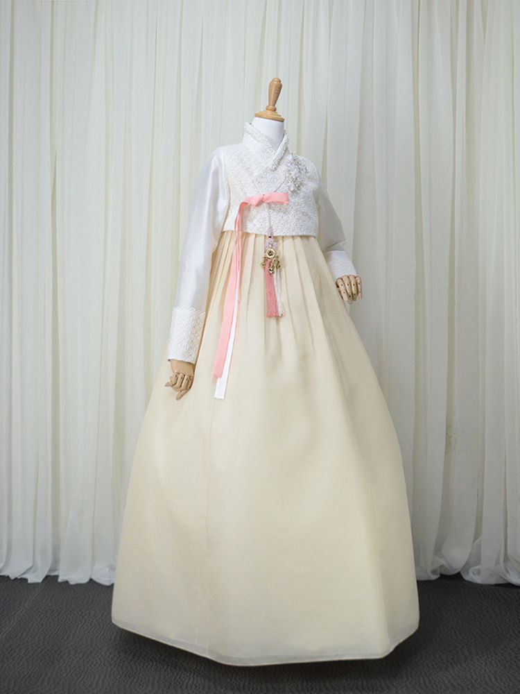 한복대여 나나 플라워레트 크림 레이스 앤 노란멜론 치마 신부 하객한복 : 김홍갑한복