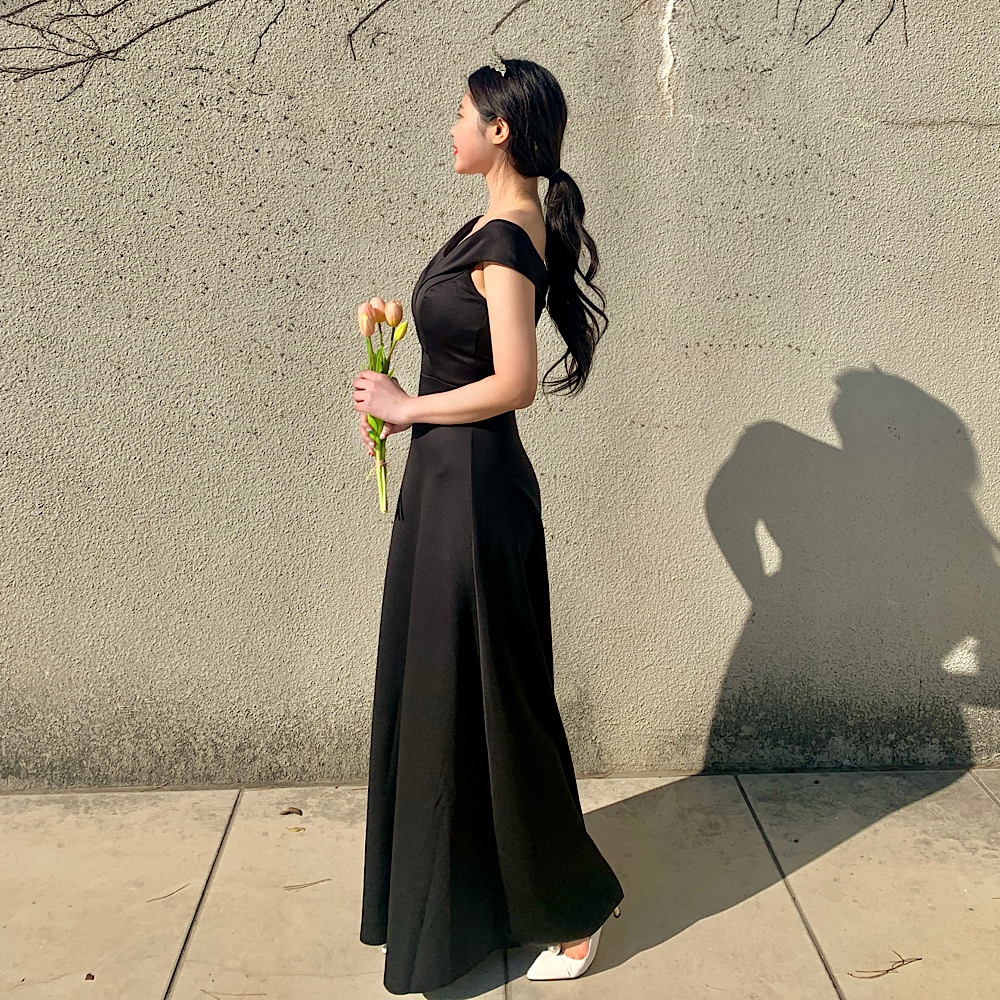 (S~2XL)셀프웨딩 블랙드레스 오프숄더 A라인 롱 피로연 스몰웨딩 2부드레스 : 페어립트- VERLIEBT