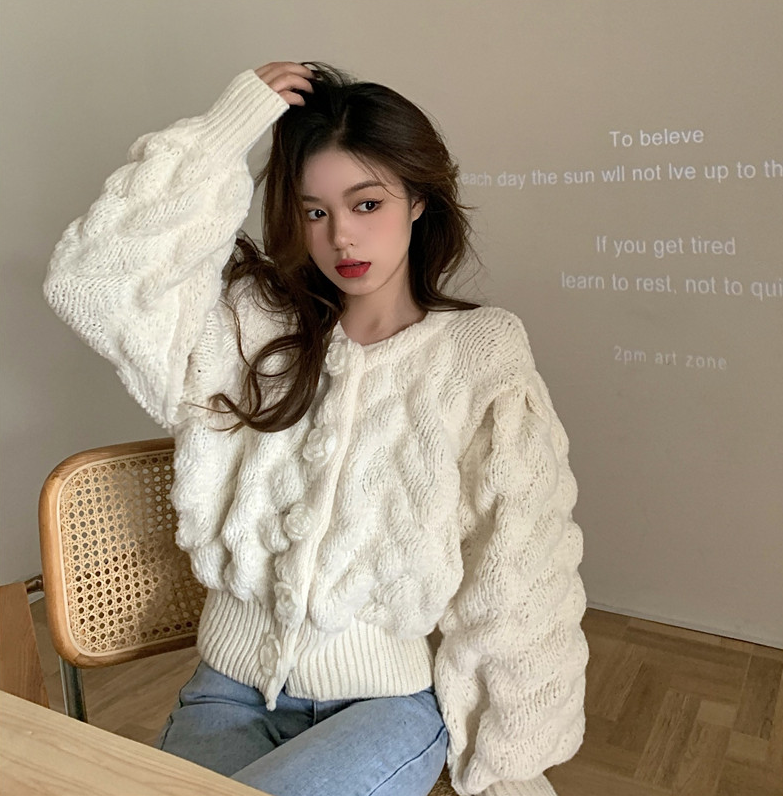 꽃사쥬 장식 볼륨 짜임 퍼프 소매 볼레로 니트 가디건 : 썸메모리