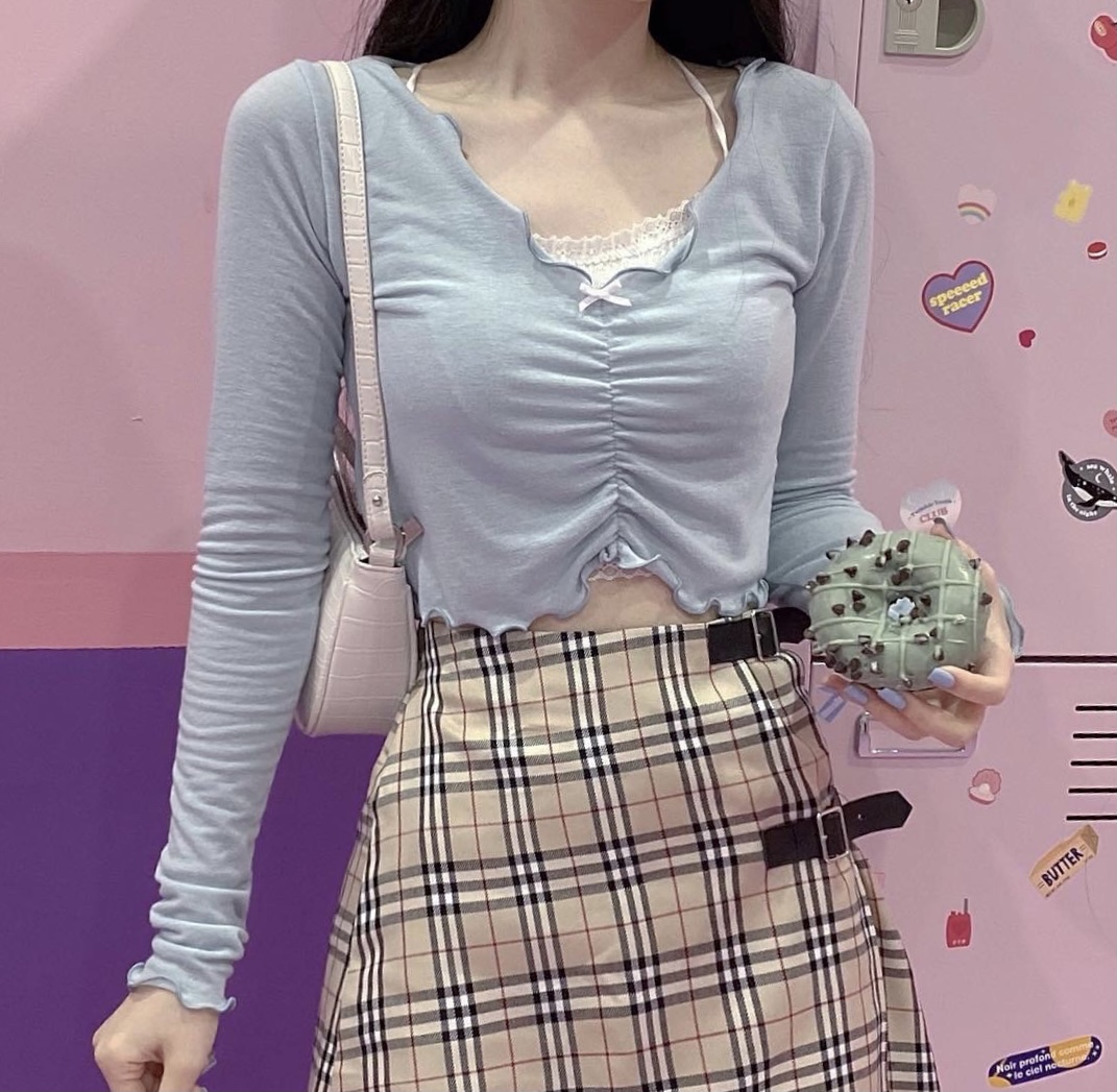 리본 핑크 소라 블랙 하이틴 러블리 레이어드 셔링 크롭티 : 페일리