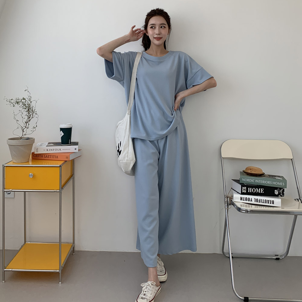 국산 소프트 허리밴딩 찐 편안함과 부드러운 홈웨어 티셔츠 와이드팬츠 세트 평상복 데일리 : 위캔두몰