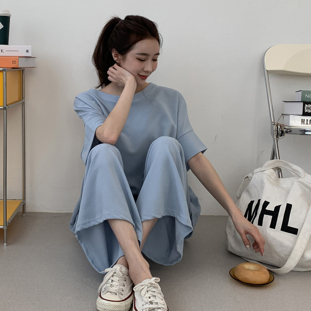 국산 소프트 허리밴딩 찐 편안함과 부드러운 홈웨어 티셔츠 와이드팬츠 세트 평상복 데일리 : 위캔두몰