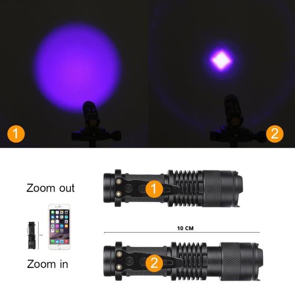 LED UV 손전등 줌 기능 미니 자외선 빛 애완 동물 소변 얼룩 탐지기 전갈 야외 조명 : C마켓