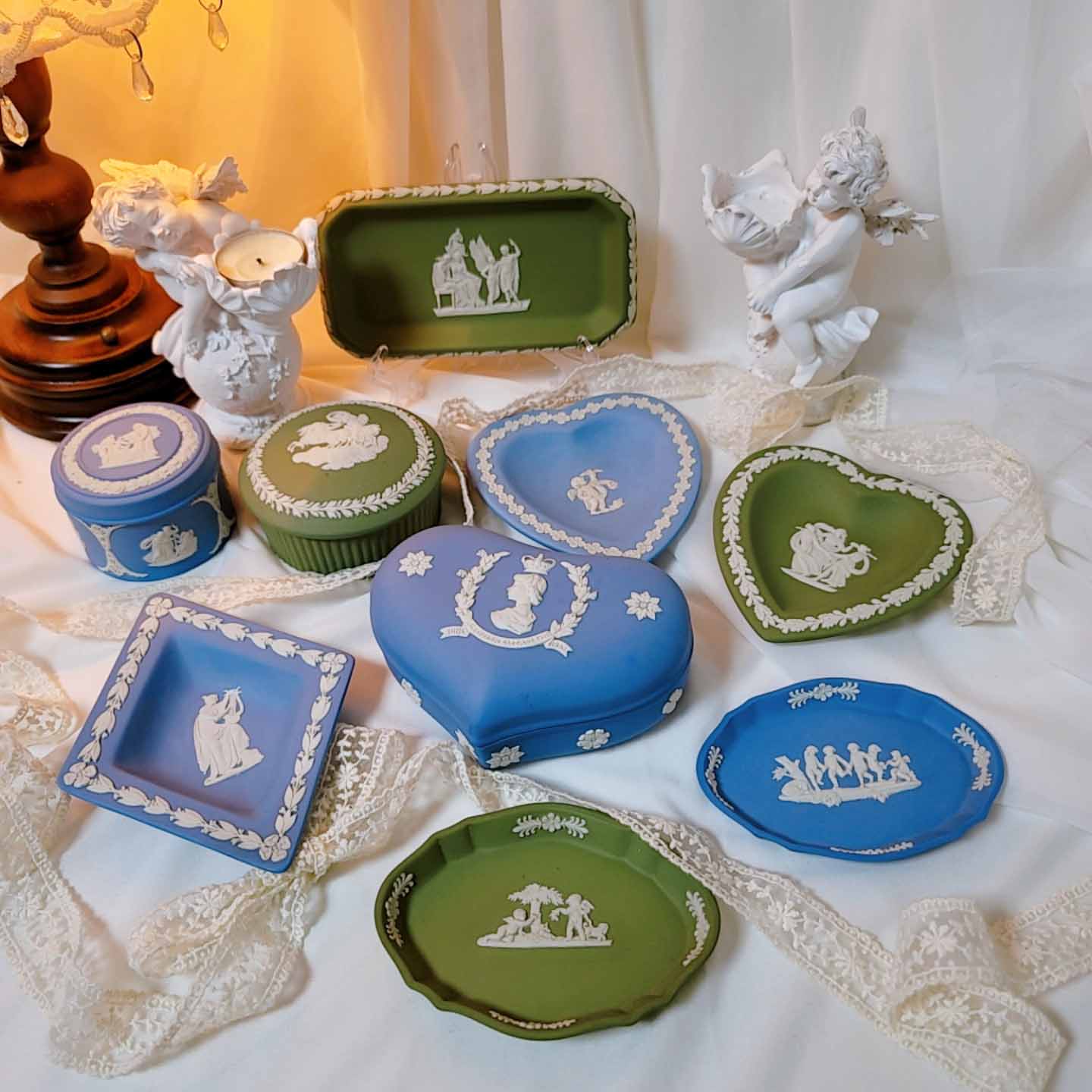 웨지우드 제스퍼웨어 셀라돈 타원형 핀 디쉬 - Wedgwood Jasperware 영국 빈티지 앤틱 트링켓 접시 장식소품 : 에떼르넬 빈티지