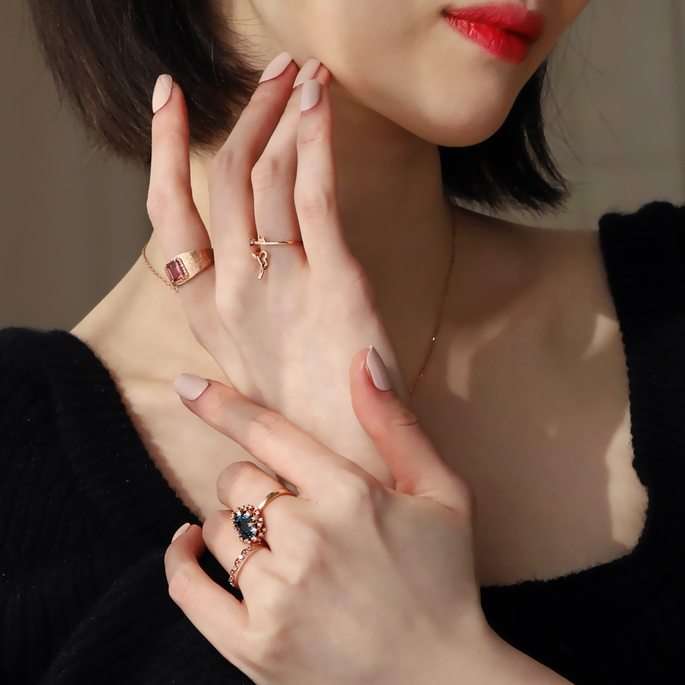 14k 18k 아리스타 핸드메이드 원석 핑크투어멀린 꼬냑 다이아몬드 무광 반지 검지링 : 드블랑주얼리