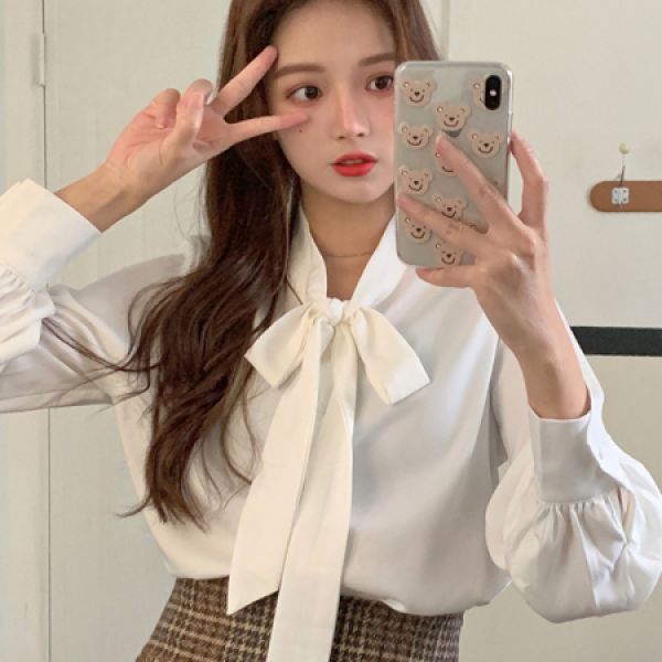 브이 넥 청순 리본 화이트 소개팅 블라우스 셔츠 : 히엘룩