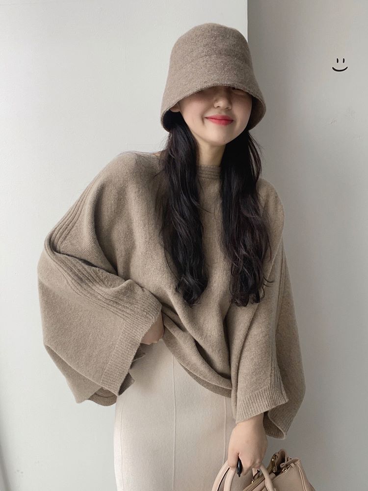 캐시미어 홀가먼트 보트넥 니트 케이프 숄 판초 : 연로그