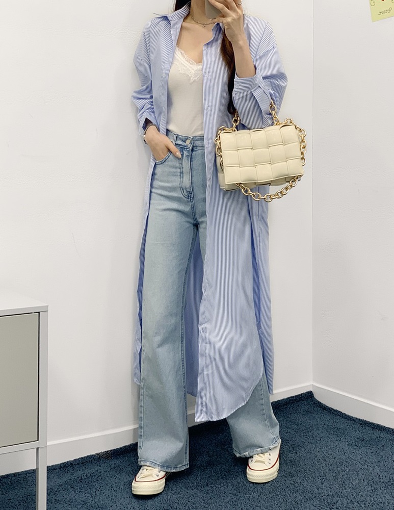 스트라이프 루즈핏 셔츠 데일리 롱 원피스 : 블룸-bloom