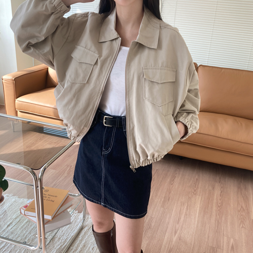 트렌디 카라 포켓 밴딩 세미 크롭 점퍼 (무료배송) : 그린블로썸