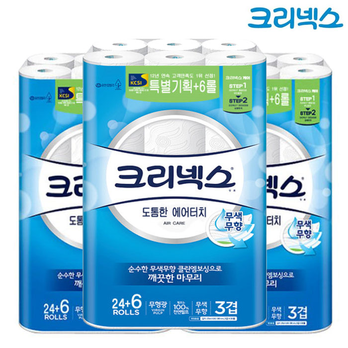 도톰한 에어터치 클린엠보싱 3겹 27M 30롤 x3팩 : 땡큐온