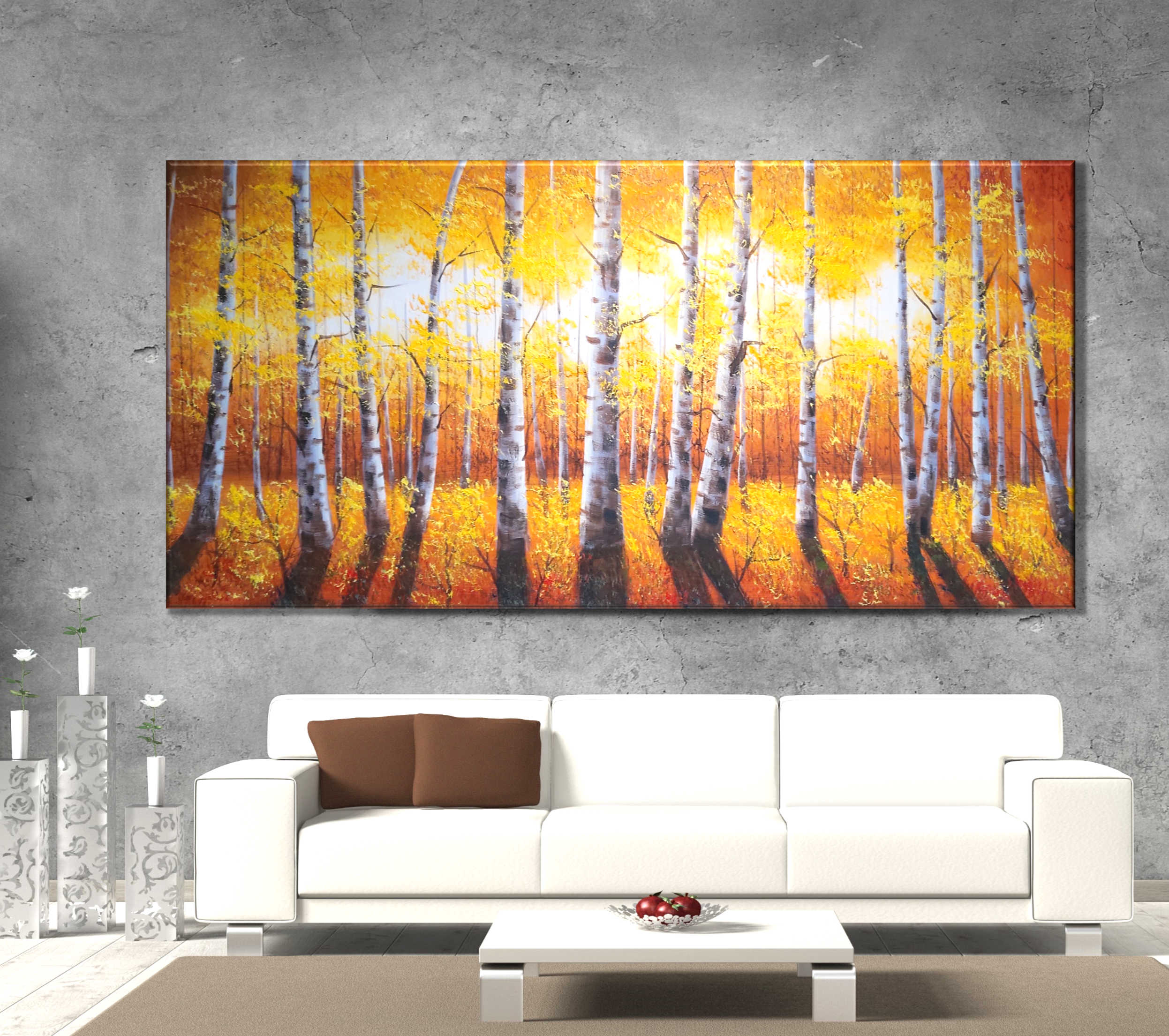 [유화그림] 거실액자 그림 카페 인테리어 주홍빛 가을 자작나무숲 유화 B 100x50cm : 한결같이