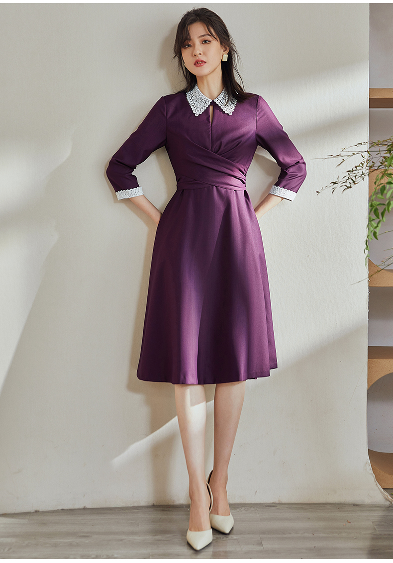 수입 퍼플 레이스 러플 셔링 빅카라 원피스 미디드레스 보라 견례 소개팅 오피스룩 명품 하객룩 럭셔리 면접 돌잔치엄마 연예인 참관수업 동창회... 