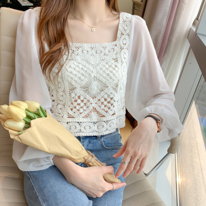 앤티크 플라워 망사 레이스 시스루 퍼프 소매 블라우스 : 썸메모리