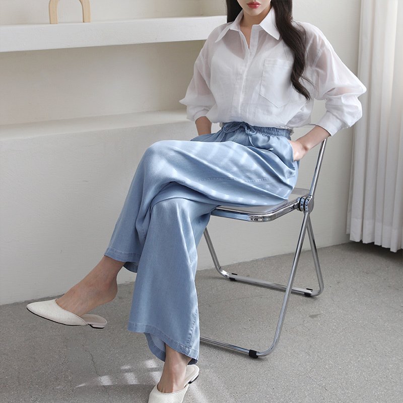 여자 하이웨스트 와이드 롱 청바지 밴딩 고무줄 데님 일자 팬츠 통청바지 핀턱 연청 여름 : 나니까 nanika