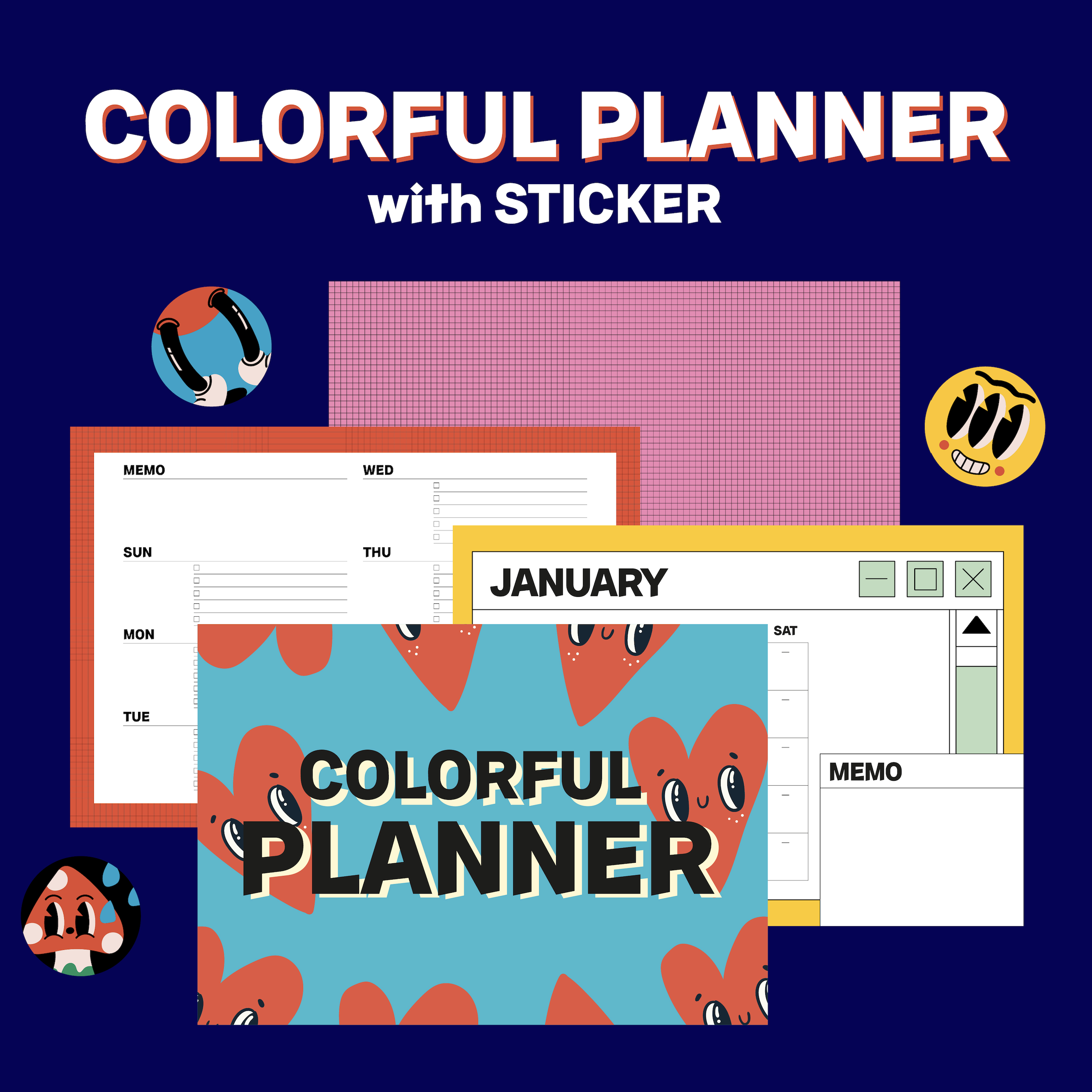 만년형 COLORFUL 스티커포함 굿노트 노타빌리티 먼슬리 위클리 다이어리 속지 월별 플래너 일러스트 Monthly Weekly PDF : FIRPENG