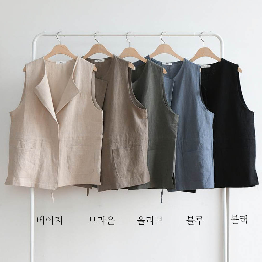 여름 조끼 린넨 노카라 허리끈 스트링 베스트 : 아이맘스타일