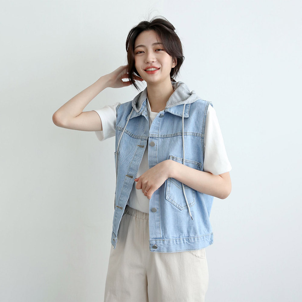여성 루즈핏 베스트 데님 후드 탈부착 청조끼 : ikkeuline