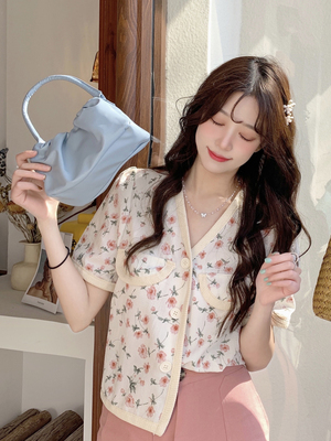 부드러운 플라워 패턴 상의 잔꽃 디자인 미니 셔츠녀 여름 셔츠 패션 : 타바st