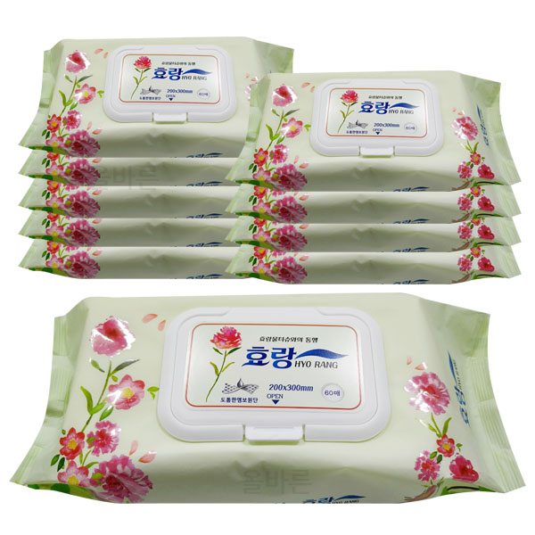 효랑 물티슈 빅사이즈 캡형 60매x10개  / 빅사이즈 : 200x300mm 엠보싱 특대형 점보 물티슈 : 주식회사 올바른 -올핏