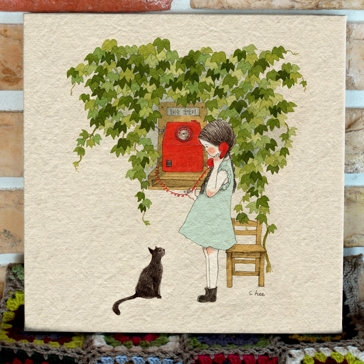 [공중전화] 초록담쟁이 그림 캔버스 액자 감성 일러스트 거실 인테리어 선물 : 초록담쟁이 감성마켓