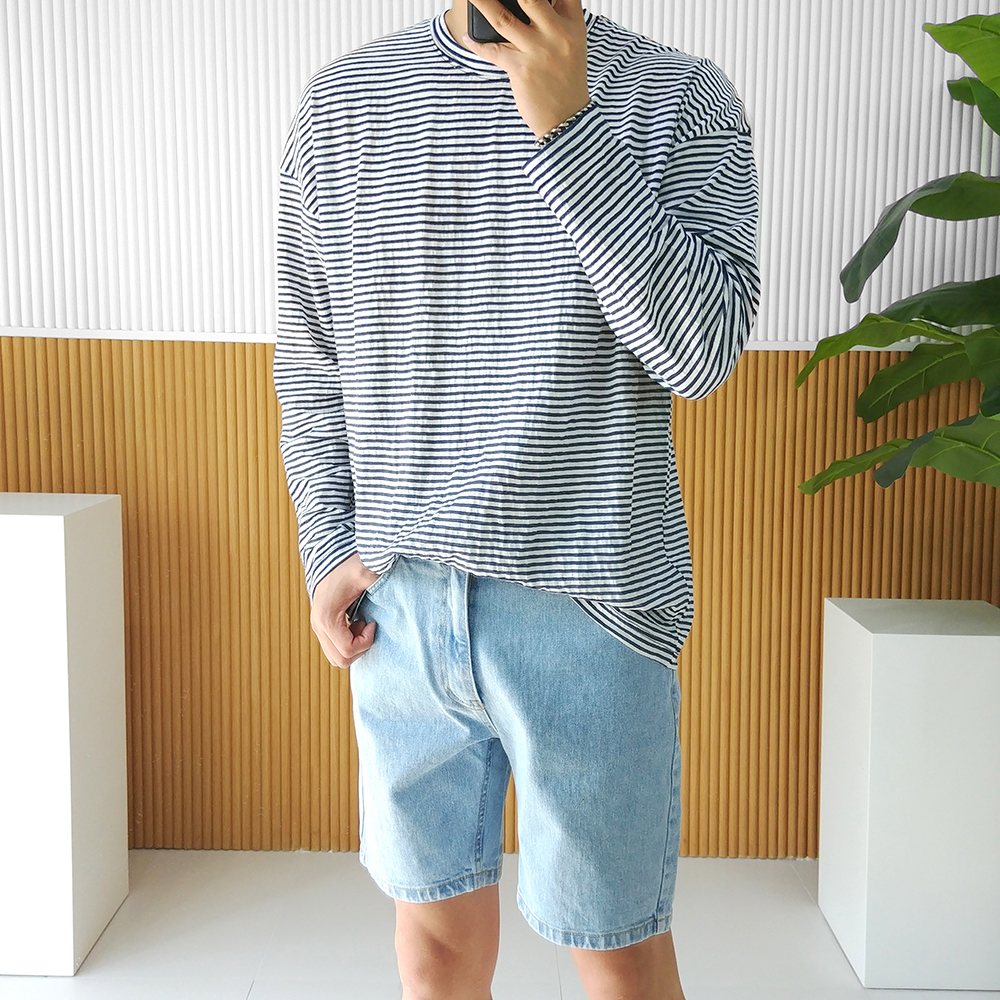 남녀공용 여름 오버핏 비치 스트라이프 긴팔 티셔츠 : 로니제이