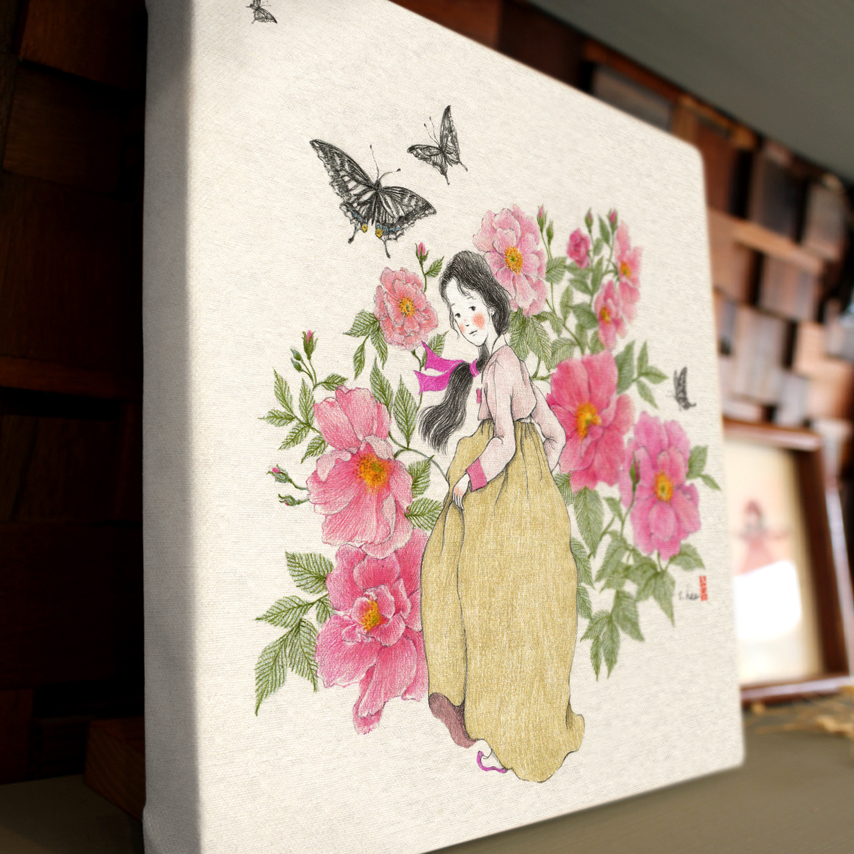 [장미와 소녀] 초록담쟁이 그림 캔버스 액자 한복 일러스트 거실 인테리어 선물 : 초록담쟁이 감성마켓