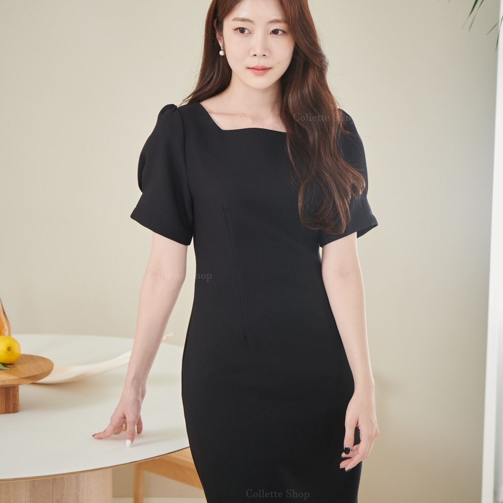 꼴레뜨샵 스퀘어넥 H라인롱 예복 제주도 웨딩촬영 캐주얼 오피스정장 상견례원피스(블랙) : ColletteShop