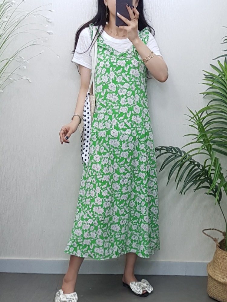 여름 플라워 민소매 브이넥 프릴 A라인 나시 롱 뷔스티에 원피스 (그린 블루 블랙) : 제이후