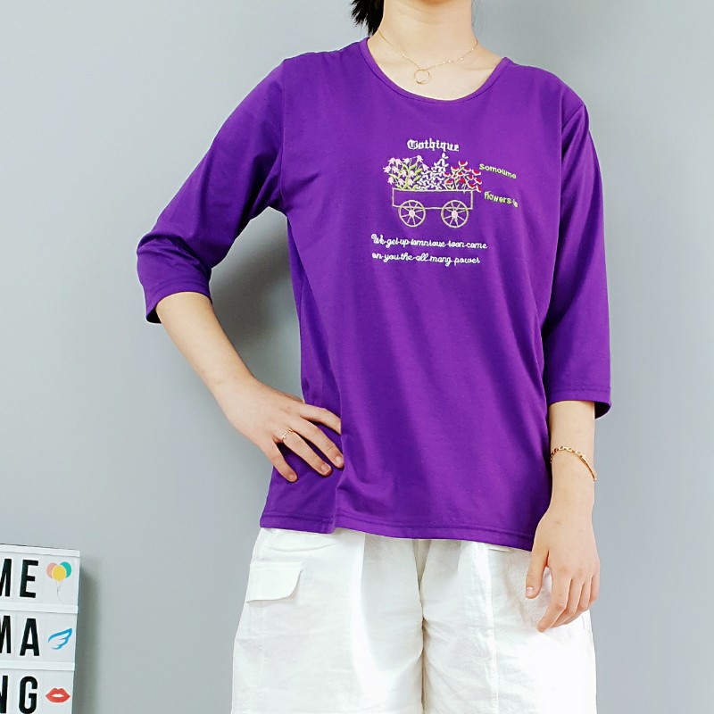 엄마티 여성 여름 엄마옷 꽃마차 실켓면 7부 면티 면스판 라운드  실내복 작업티 요양원 : 마마옷짱