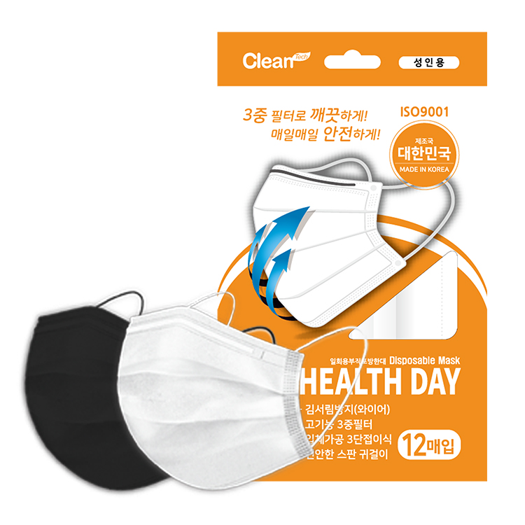 크린테크 12헬스데이 국산 마스크 성인용 12매입 (흰색/검정색/파란색/검정&회색) : 지에이헬스케어