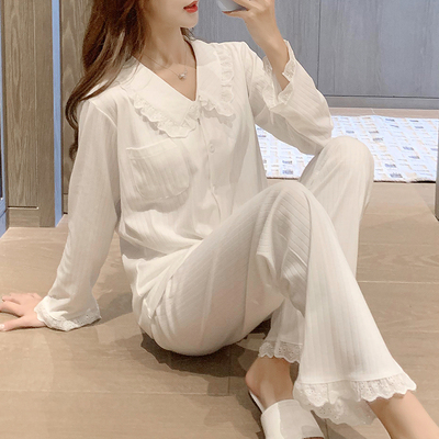 섹시잠옷 잠옷녀 봄가을 순면 긴팔 투피스로 달콤한 화이트 프린세스룩 가을겨울 : 와이유엔스토어
