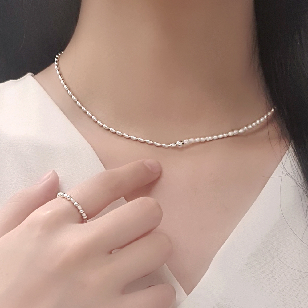 925실버 14K 담수진주 실버 반반 목걸이 : 오블랑블랑
