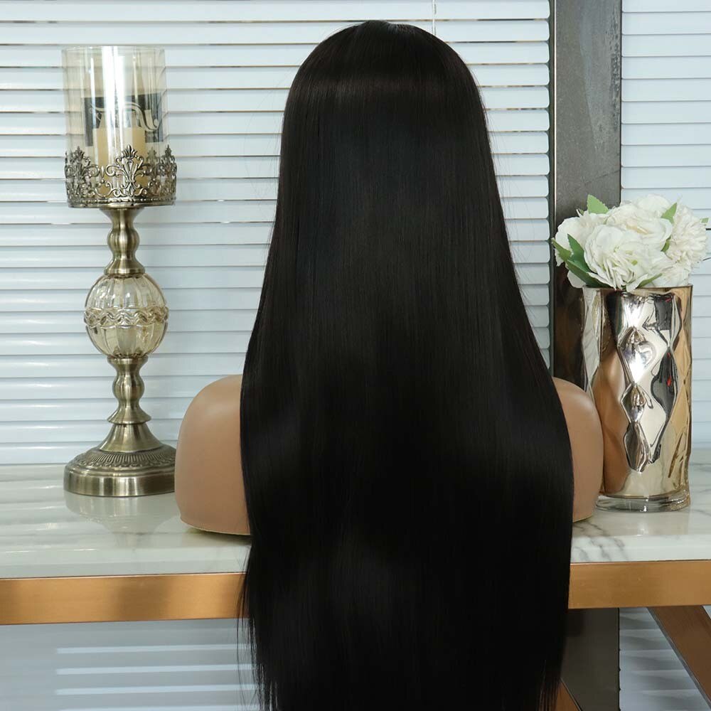 여성용 스트레이트 가발 긴 합성 가발 천연 헤어 T 부분 레이스 가발 내열성 섬유 헤어 데일리 착용 중간 부분 _Natural Black Color_1_깊은... 
