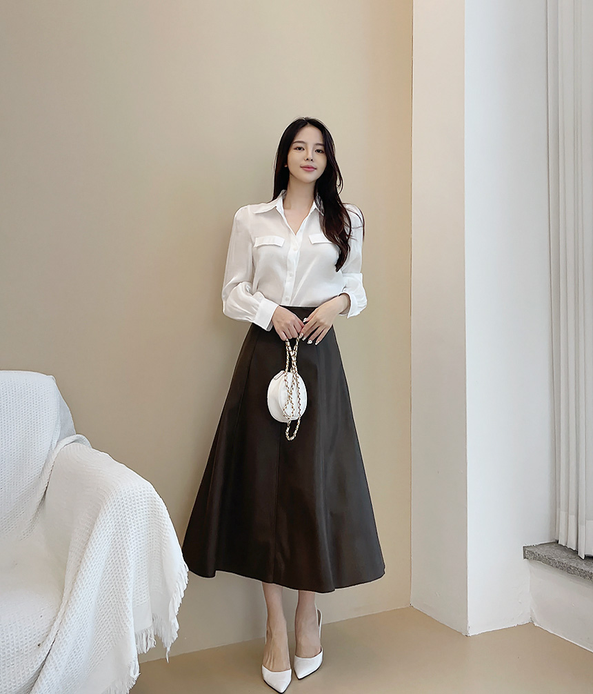 (무료배송) 절개 A라인 가죽 플레어 롱 스커트 2color : 러블리아미에
