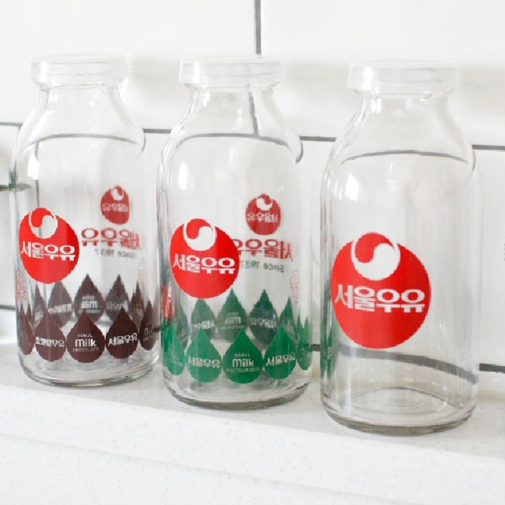 서울우유병 레트로 유리병 밀크보틀 홈카페 유리컵인쇄 유리컵 330ml - 3type : 해피아우어