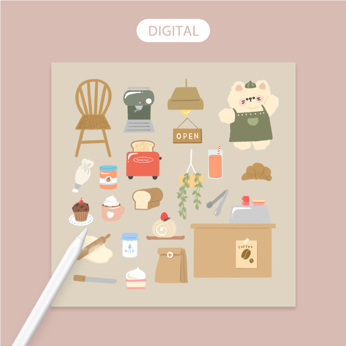 베이커리 카페 아이패드 굿노트 스티커 다이어리 : made by store