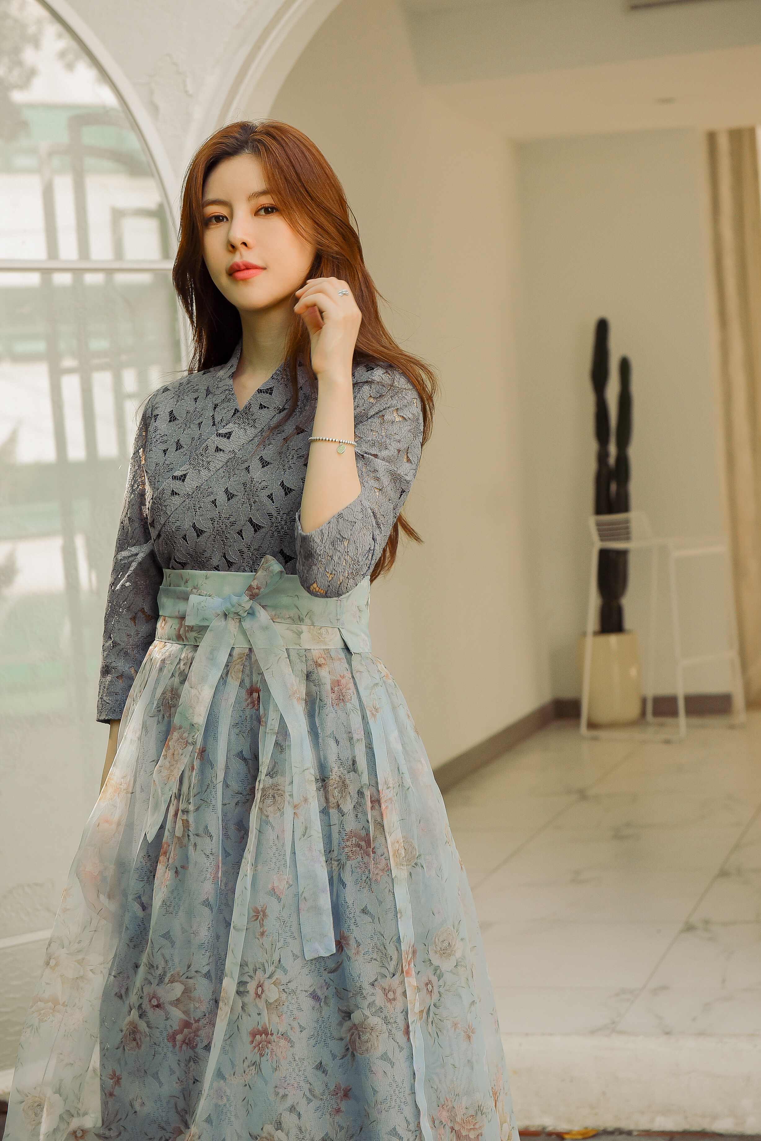 웜 플라워 레이스 철릭원피스 [블루] : 더고은 생활한복