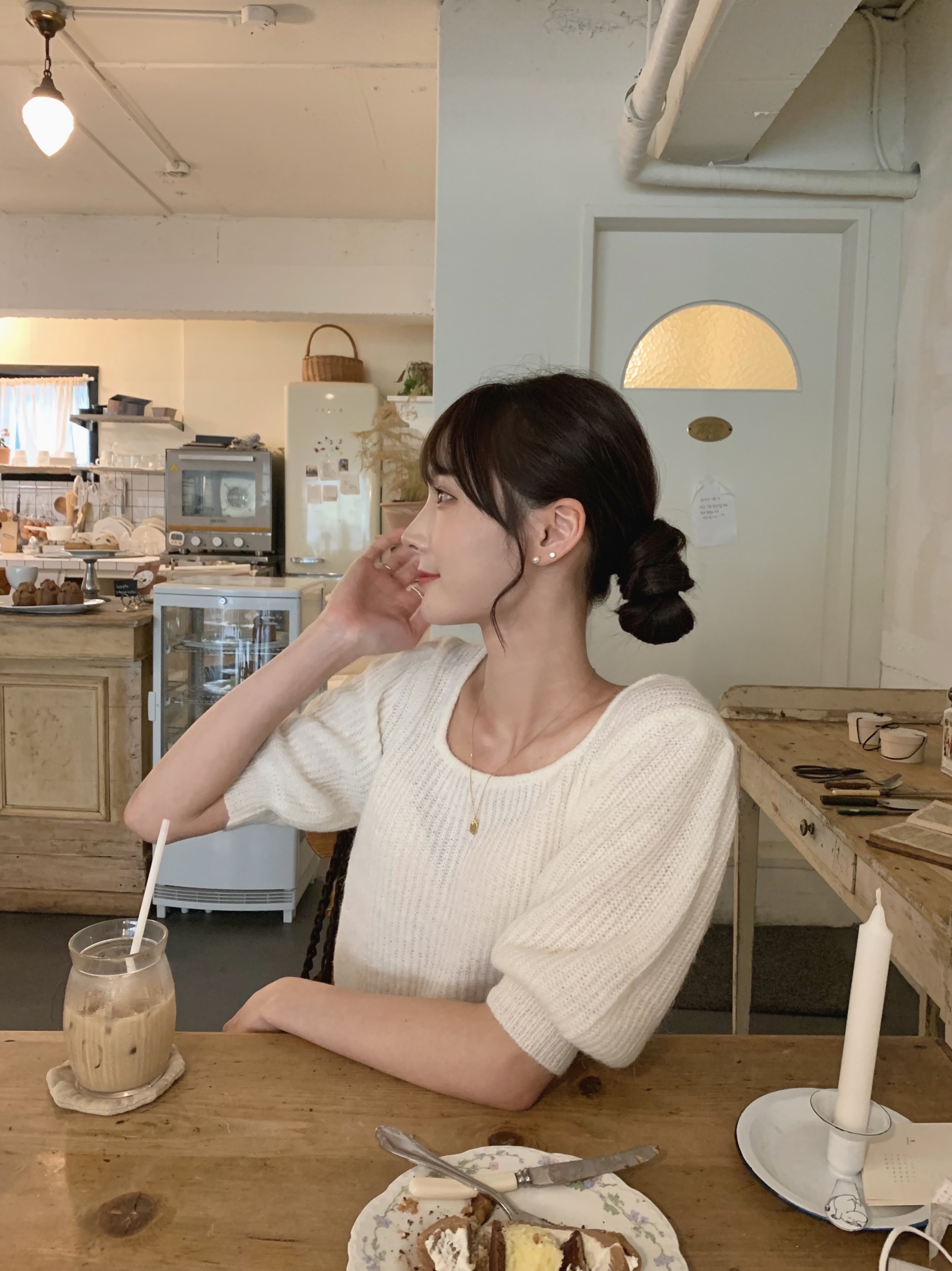 (당일)square neck balloon half knit (beige,brown) : 디어선샤인