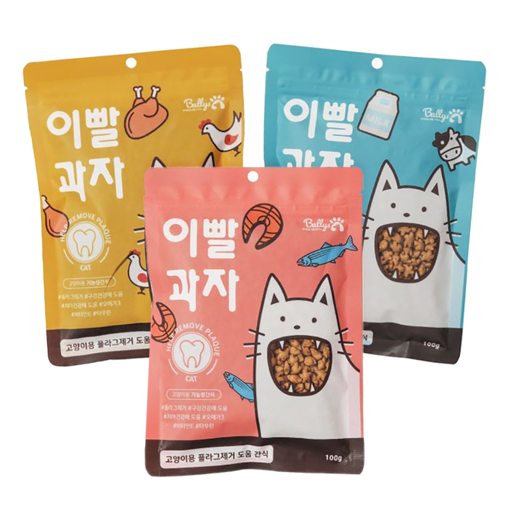 밸리스 고양이 이빨과자 치석제거 양치 비스킷 연어 치킨 밀크맛 덴탈간식 100g : 아페츠