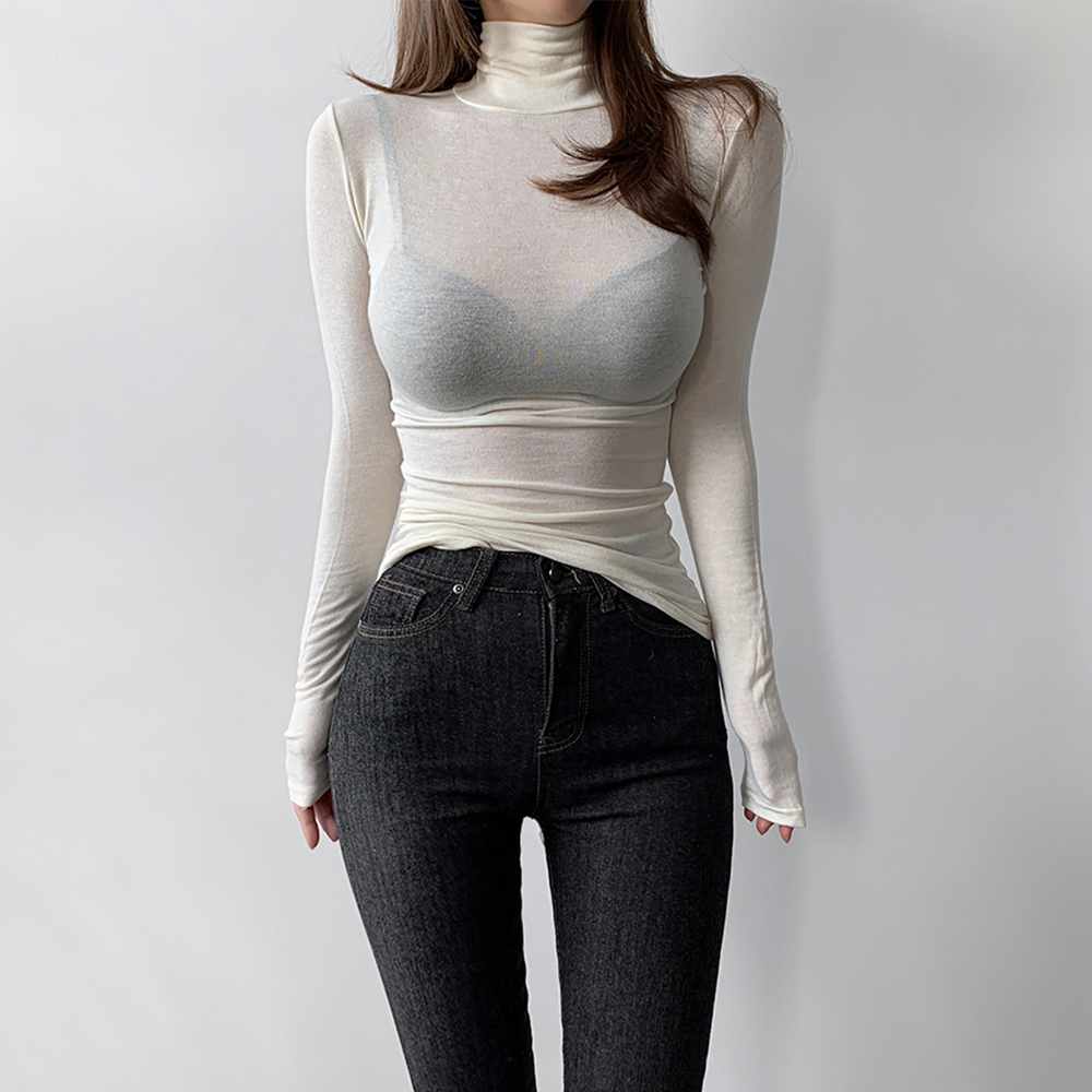 말랑 텐션 울 스판 타이트 긴팔 목 폴라티 쫄티 (4 Color) : 퍼플파우더