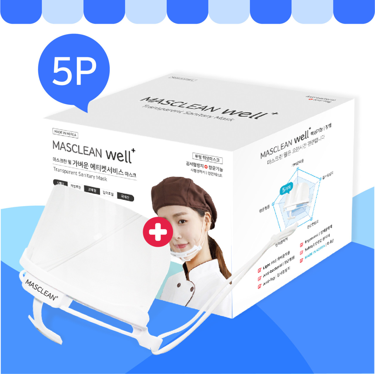 마스크린 국내산 마스크 웰플러스 5개입 주방 투명 위생 조리용 주방 강의 급식 식당 : 마스크린