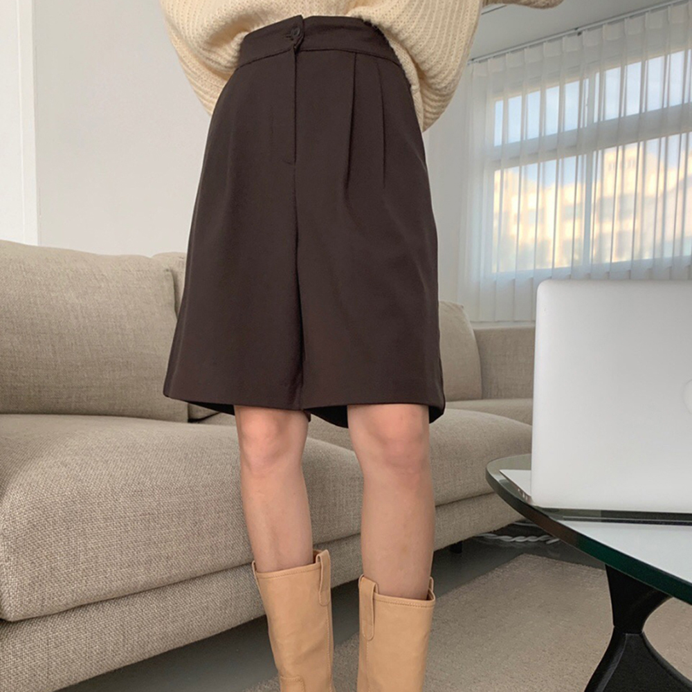 여성 가을 겨울 브라운 블랙 와이드 핀턱 기모 하프 반바지 5부 팬츠 : 앤아더무드