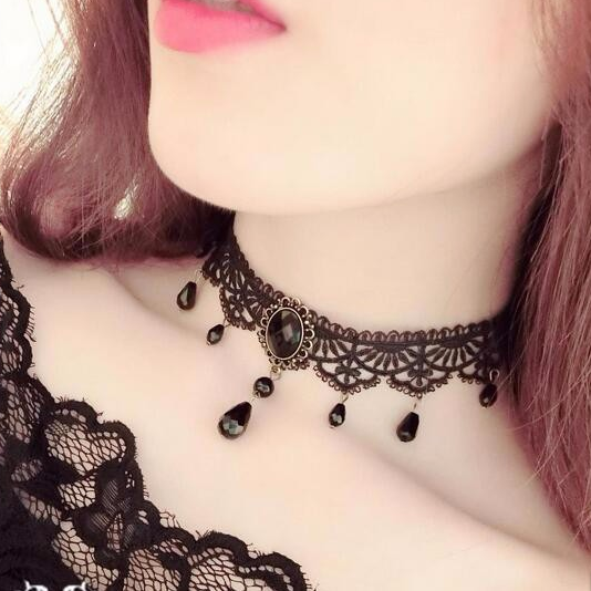 블랙 토파즈 레이스 초커 화려한 레이스 비즈 구슬 파티 검정 드롭 초커목걸이 choker : 아이엘제이