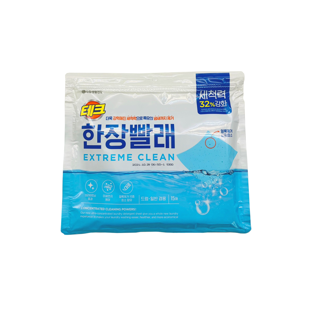 엘지생활건강 테크 한장빨래 익스트림 클린 15매x1박스 : 주식회사 아나이스
