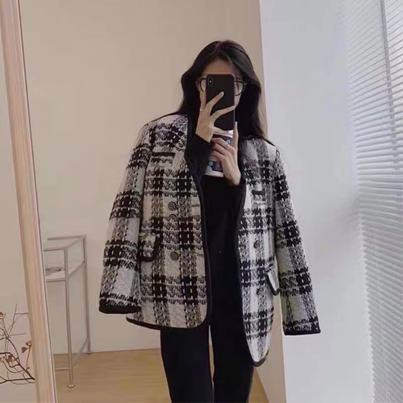 여성 자켓 노카라 크롭 블랙 브이넥 트위드자켓 하객패션 니트 긴팔 보이핏 트위드 롱자켓 빅사이즈 반팔 더블 싱글 : 해피트리즈