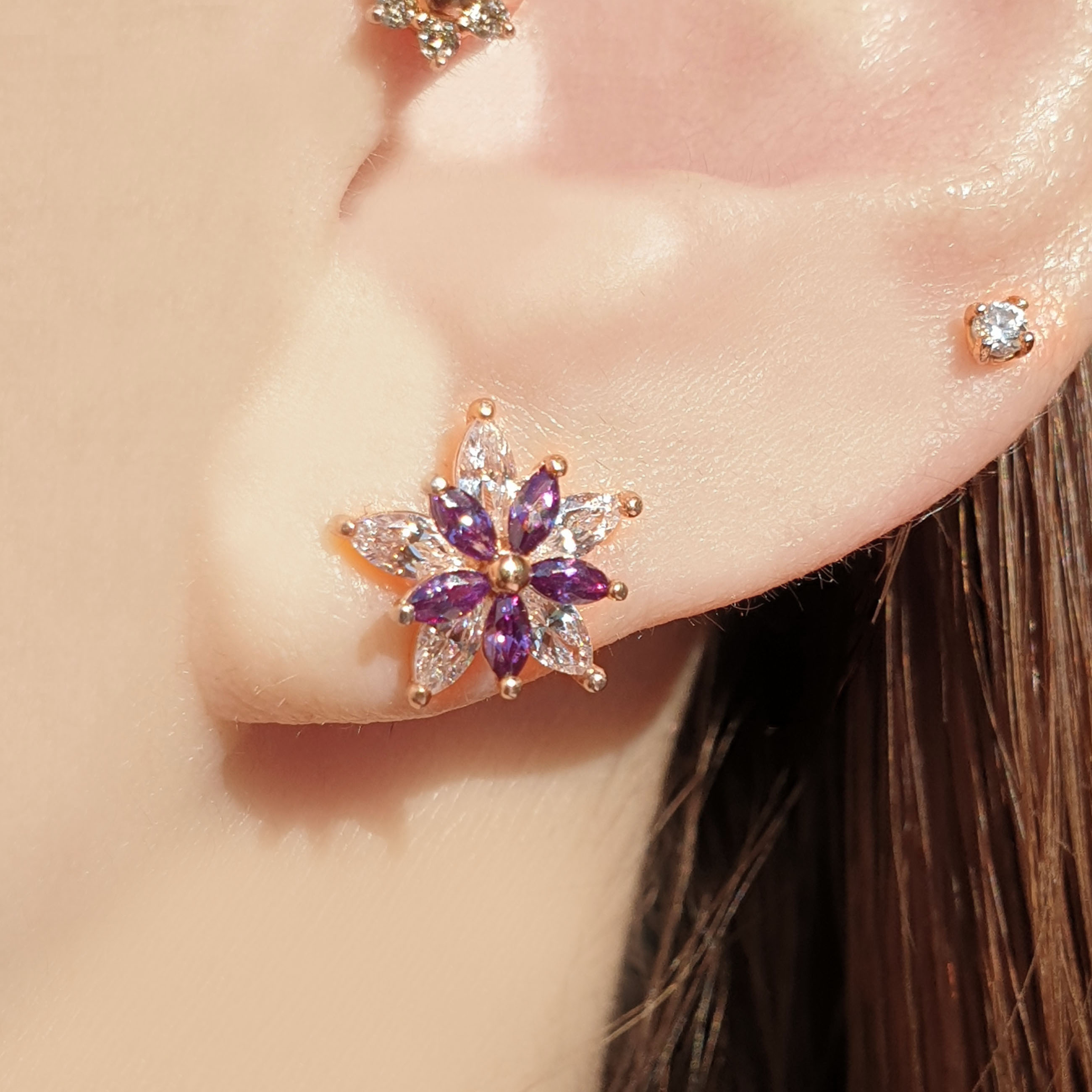 14k 빅 더블 플라워 큐빅 포인트 피어싱 (상단꽃잎스톤컬러,바두께 1mm, 1.2mm 선택옵션 )이너컨츠,귓볼 추천 : 허밍앤드