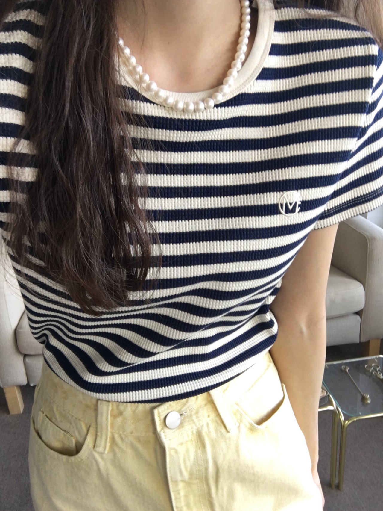 SALE (아이 당일) Meetme 미트미 자수 와플 무지 스트라이프 반팔 티셔츠 : RETO 레토